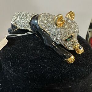 Vintage Goldtone Black Enamel Rhinestone PANDA Bear Shoulder Brooch